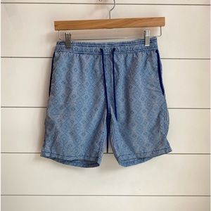 blue and white pattern swim shorts